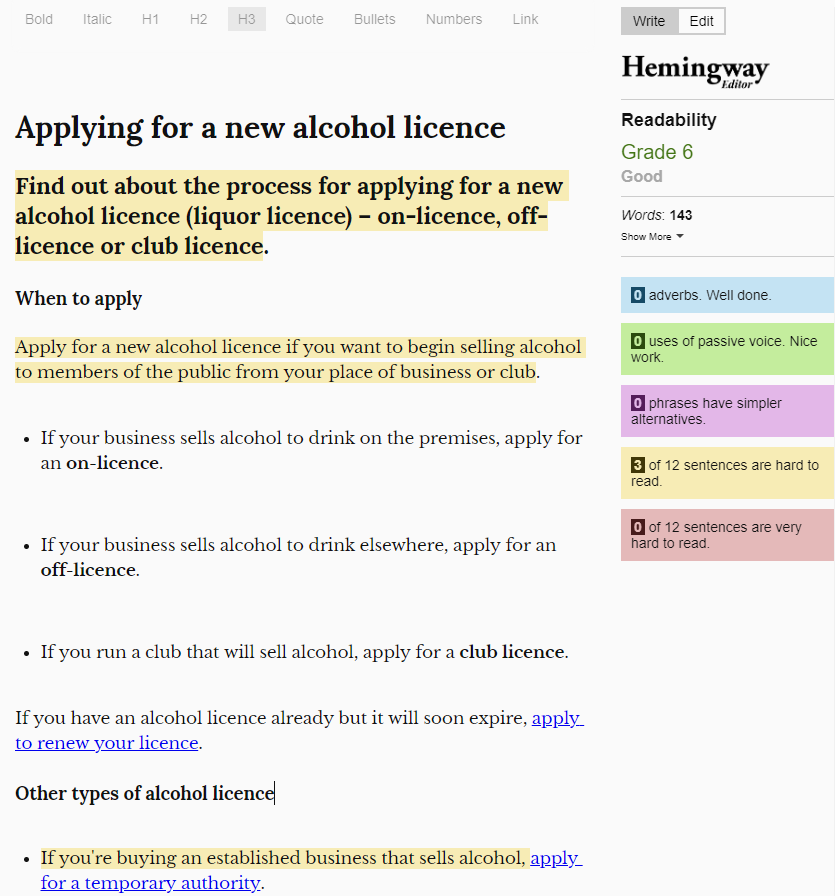 Screenshot of Hemmingway app - an app to help with plain English