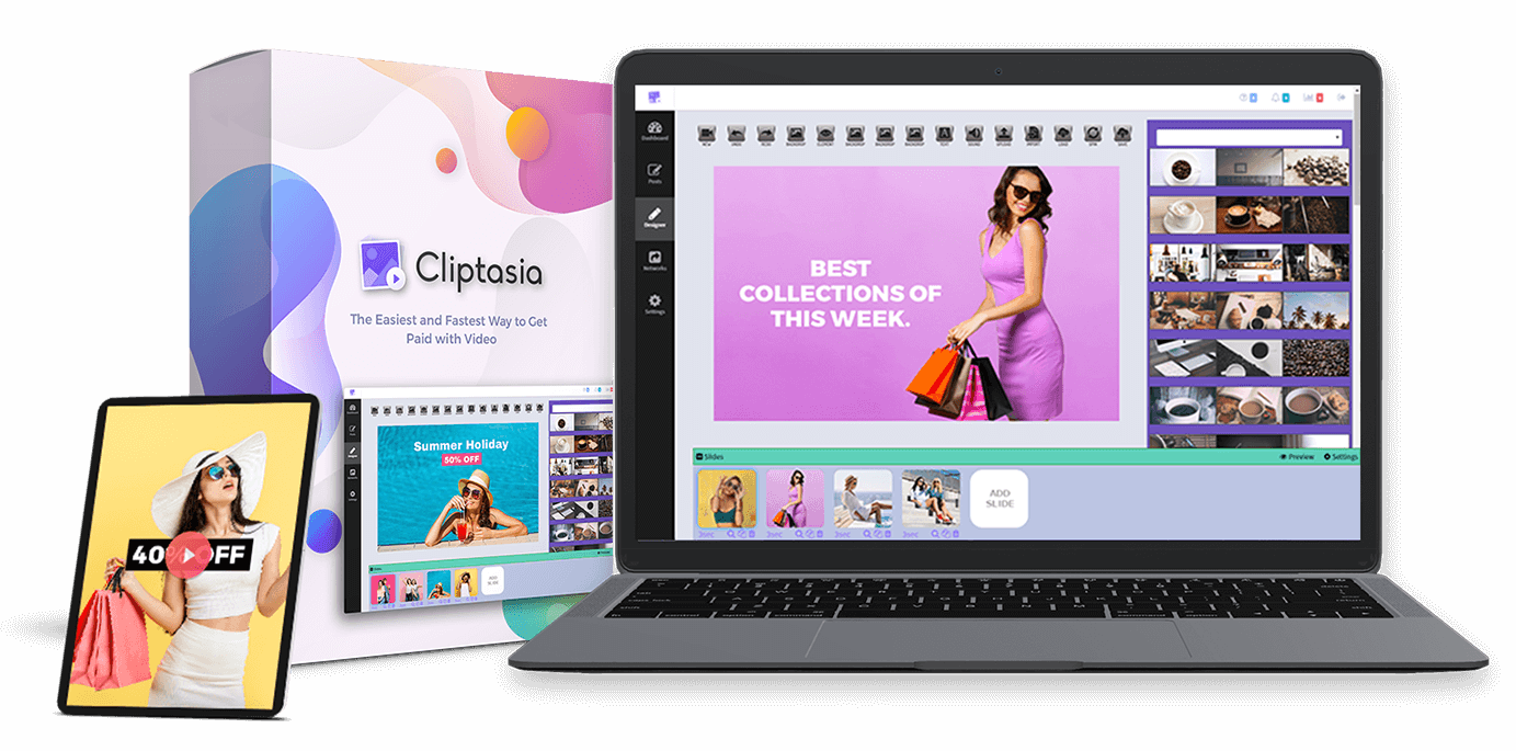 Cliptasia is an awesome video ads software that allows you to create and sell videos in less than a minute.Stunning ready made video templates, auto translate videos into 200 languages plus much more. This is the perfect online video creator software tool to captivate your clients and sell professional looking videos.