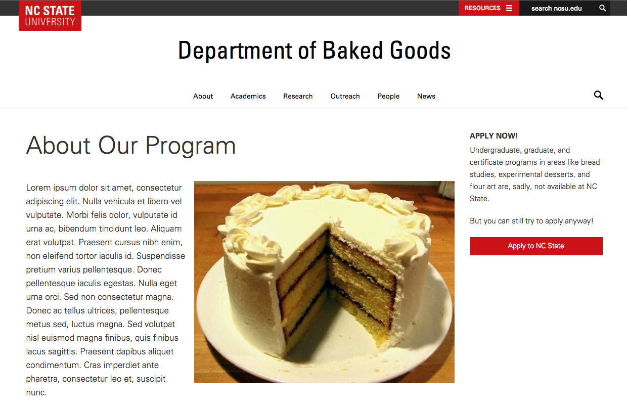 A page in the fictitious Department of Baked Goods website, with user-created content obscured and theme-coded portions of the page visible