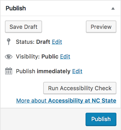 After: The Publish meta box, now with an extra 'Run Accessibility Check' button above the 'Publish' button