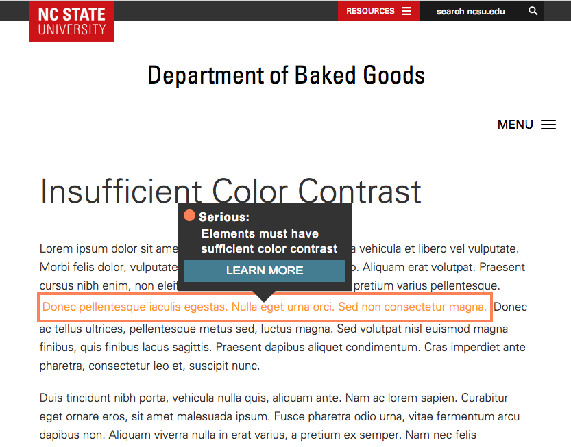 WordPress preview with an annotation highlighting a detected accessibility issue