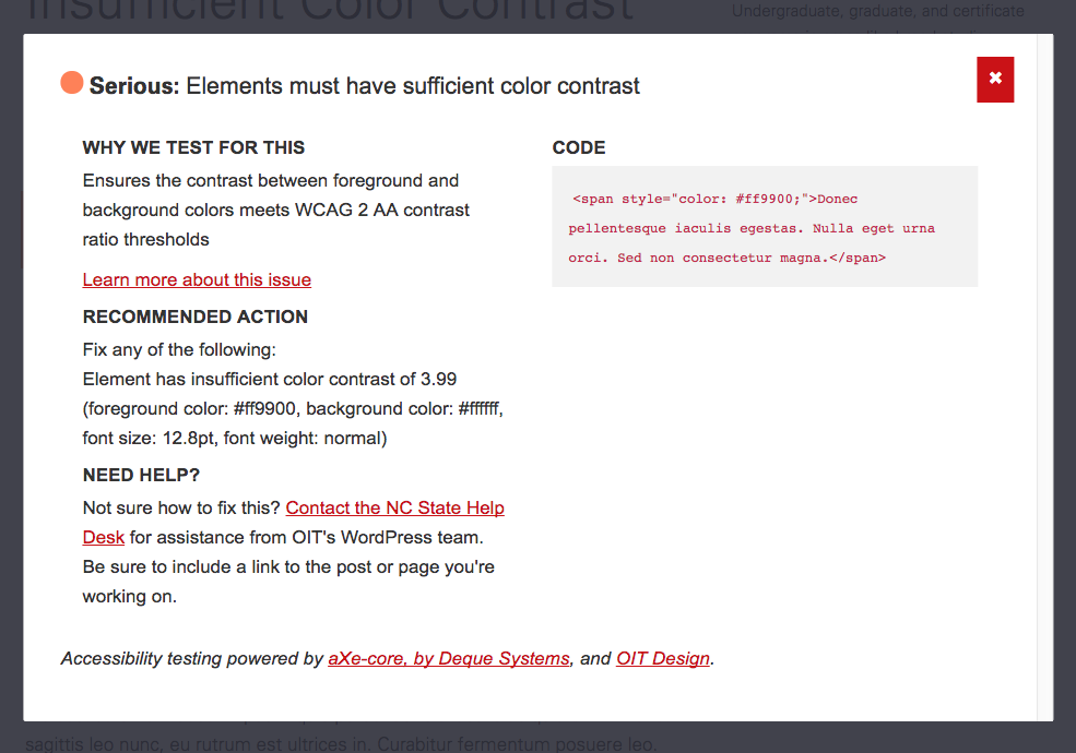 Modal containing description of a detected accessibility issue and a link to documentation