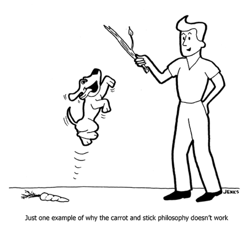 Jenks cartoon of a dog excitedly jumping for a stick held high and ignoring a carrot on the ground, above the line "Just one example of why the carrot and stick philosophy doesn't work".