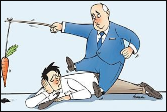 Cartoon of a fed up employee lying on the floor ignoring a carrot dangled by a manager sat on their back.