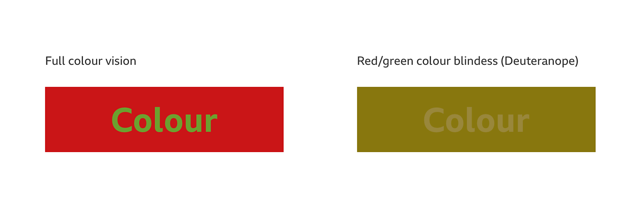 example of green text on a red background compared to simlulated colour blindness