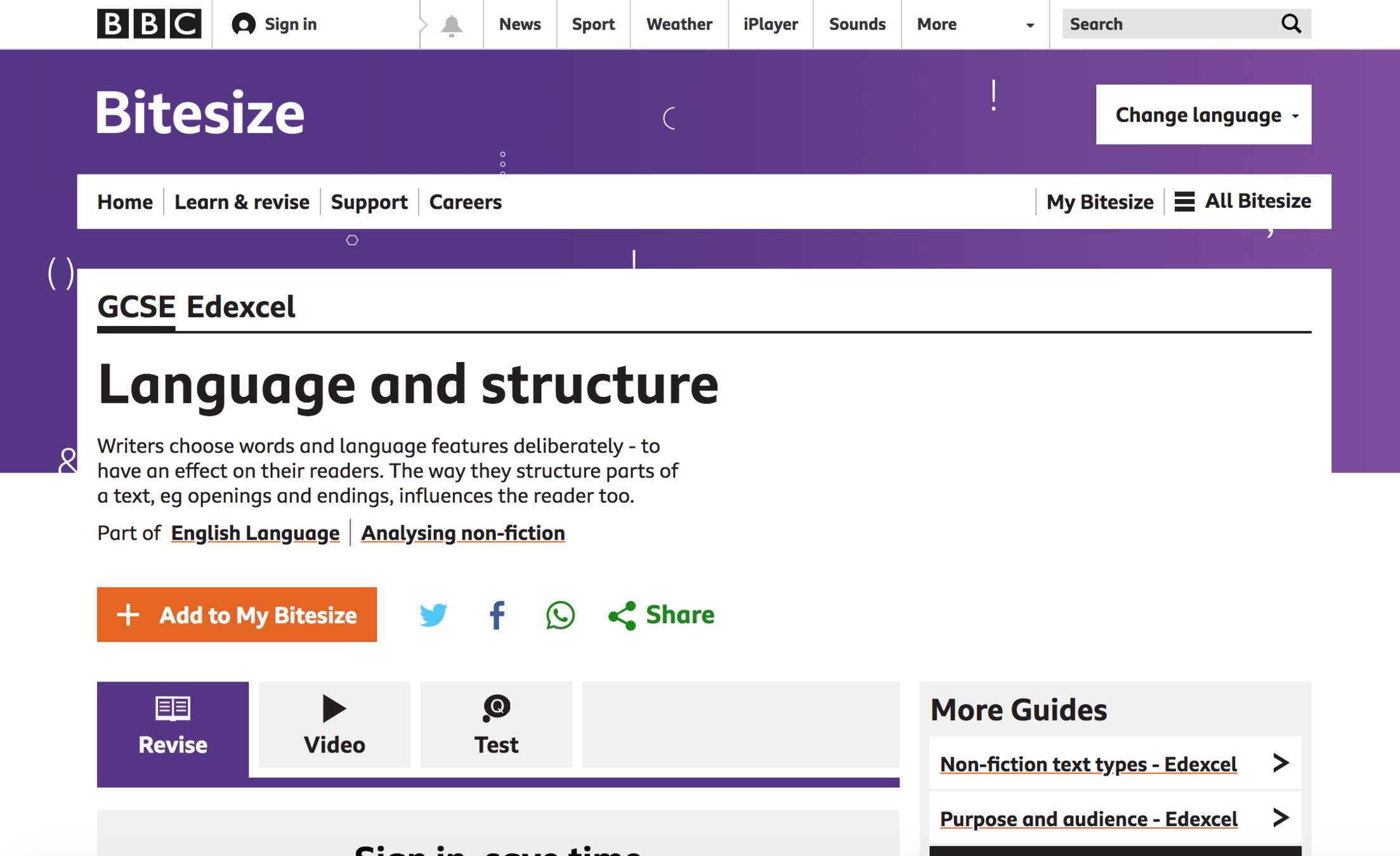 BBC Bitesize page with a variety of labels