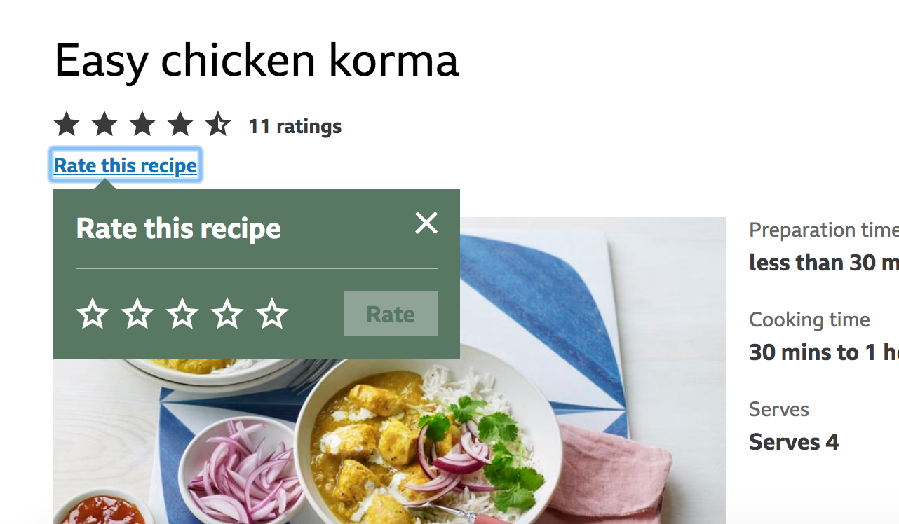 BBC Food example of a pop-over modal