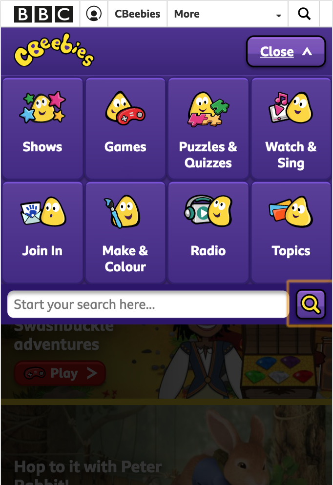 BBC CBeebies example of an expanding menu