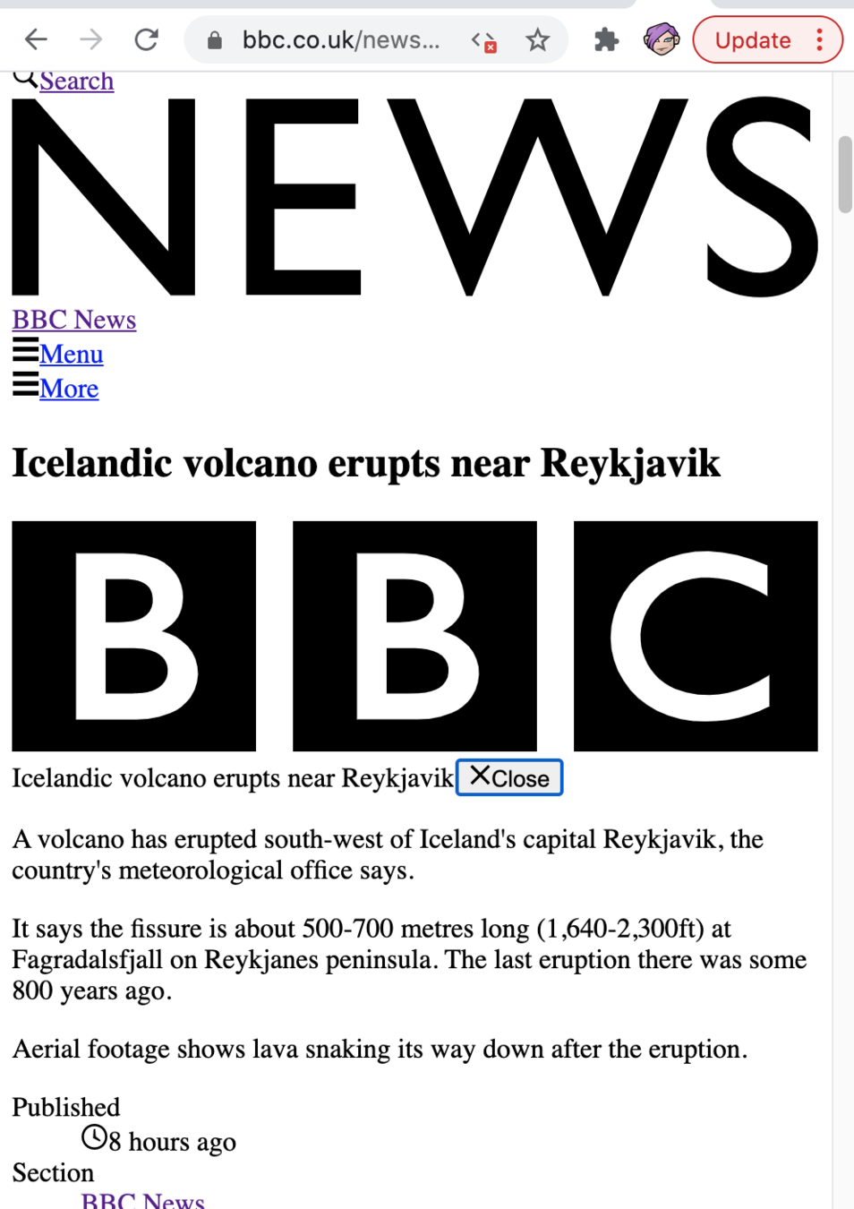 BBC News article with HTML only