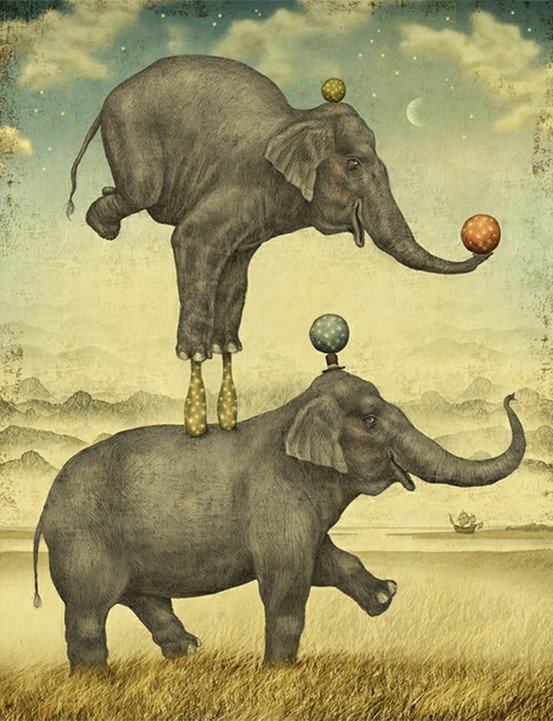 Painting of elephants balancing precariously