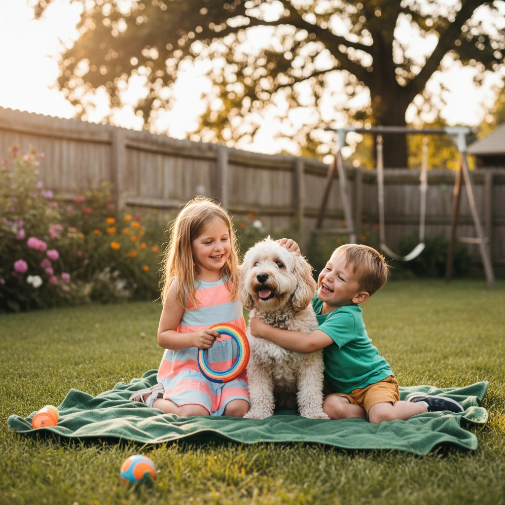 Happy Cavapoo puppy playing with family