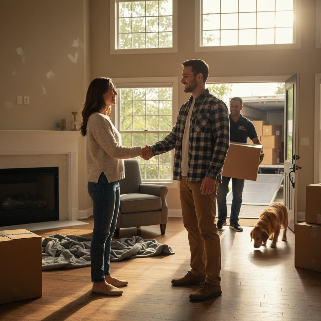 Real estate professional consulting with a family in a warm living room environment