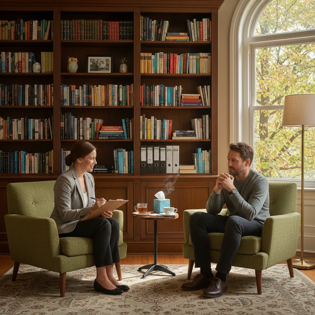 Two people in a warm-toned office setting with a psychologist and client, featuring plants in the room and visible through the window