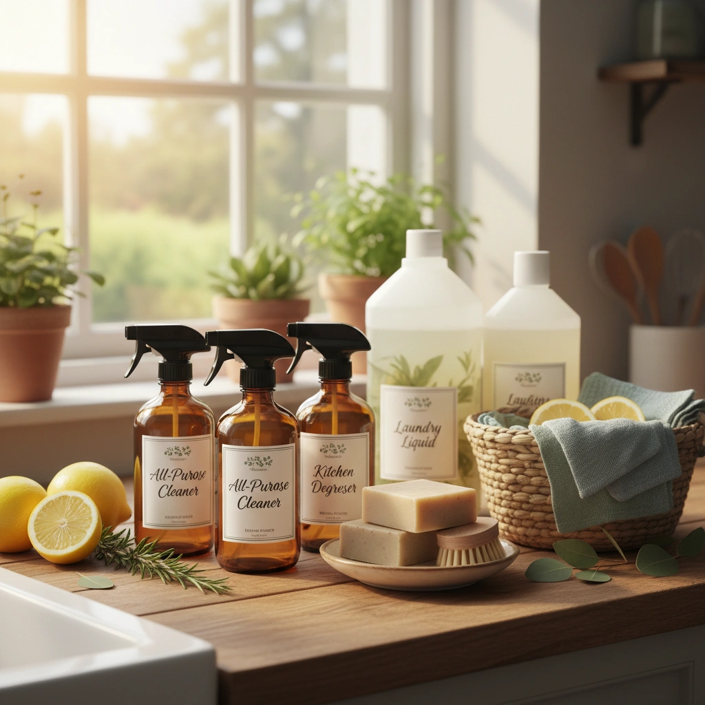 Collection of eco-friendly cleaning products in glass bottles with mint accents