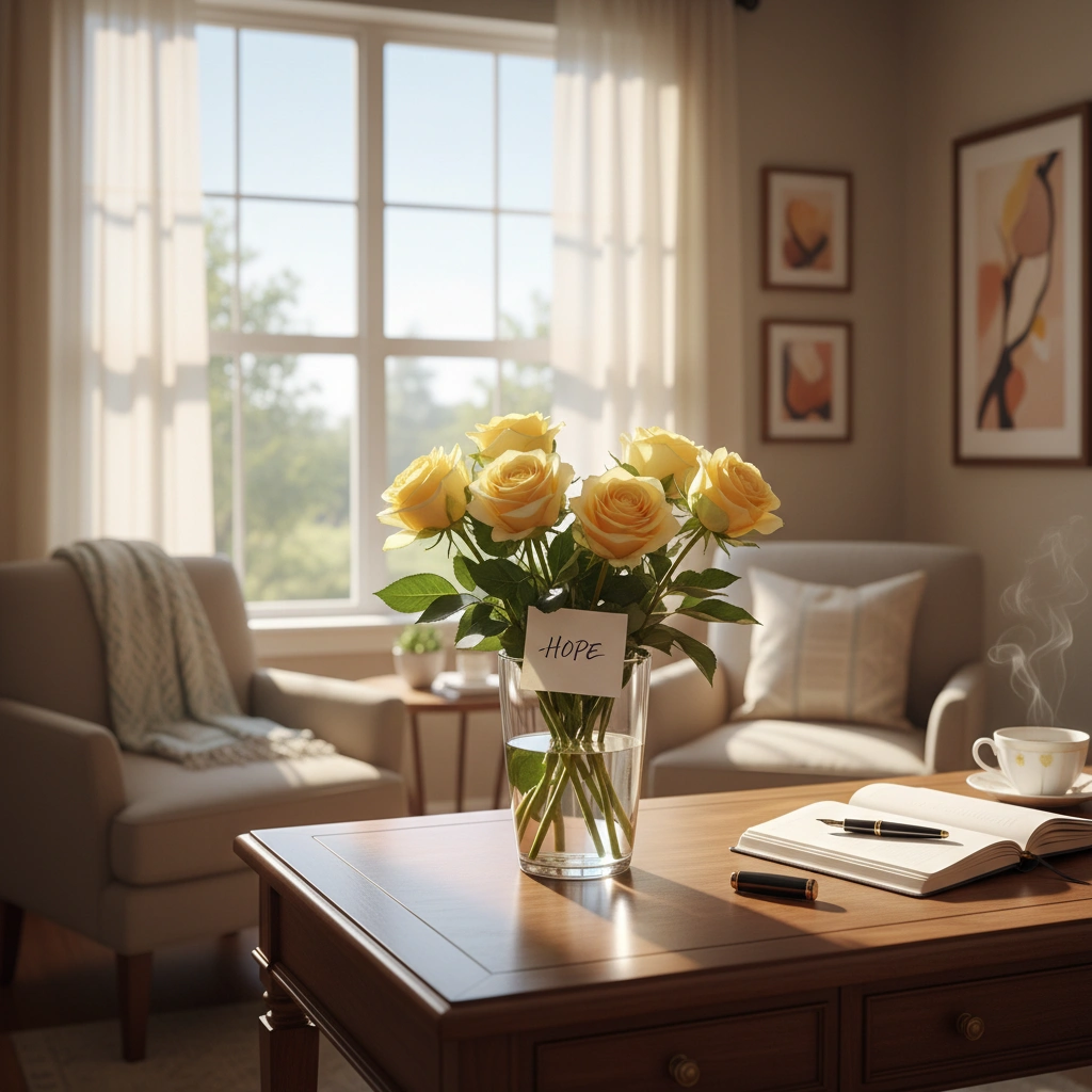 Peaceful and private therapy office space with comfortable seating, warm lighting, and indoor plants