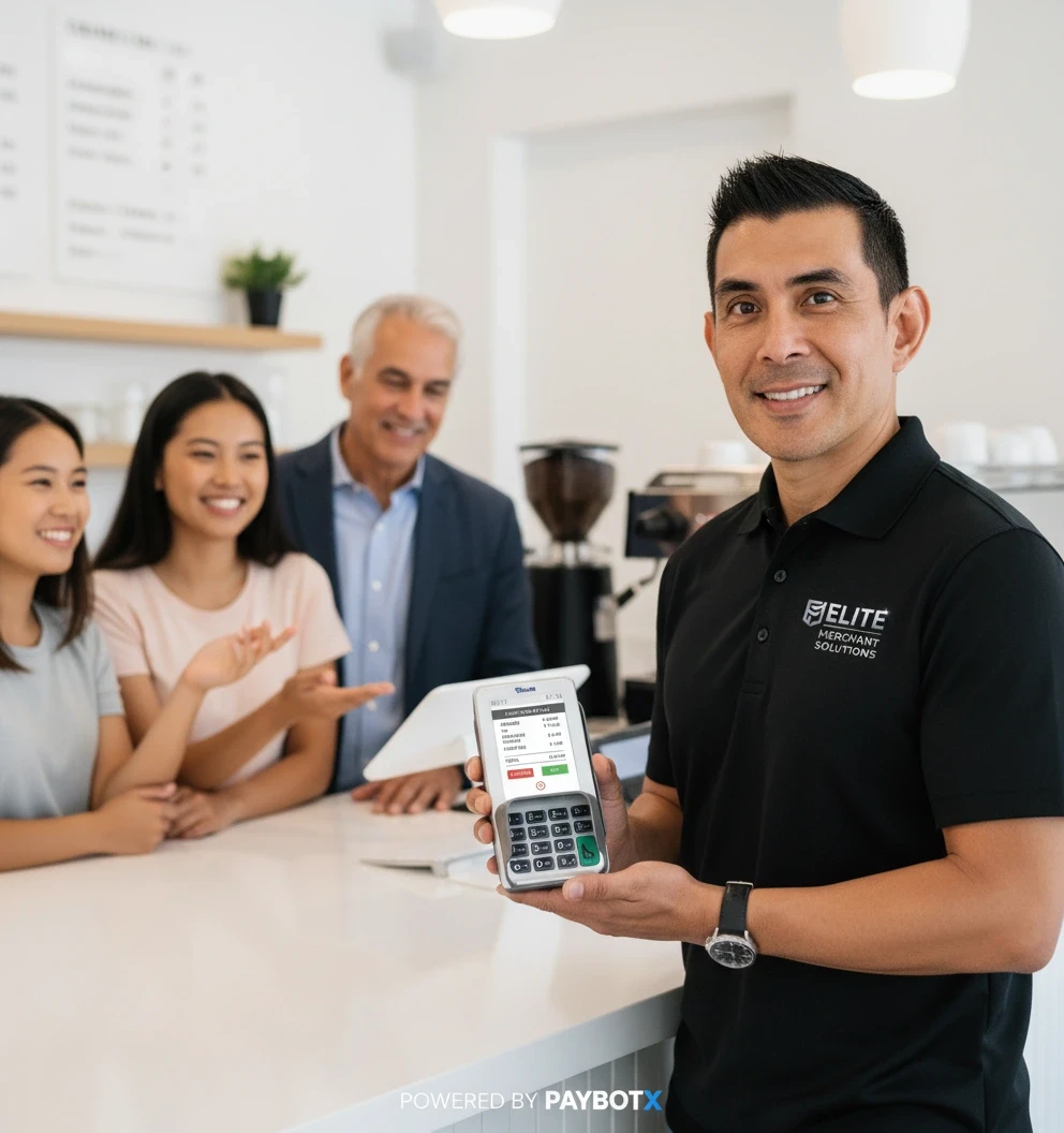 Modern credit card terminal showing savings