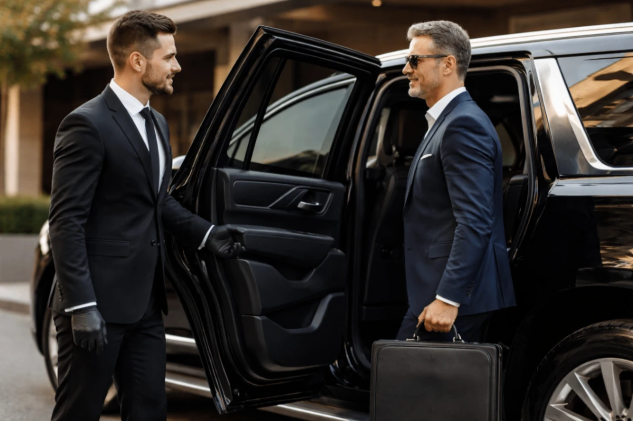 Executive working in luxury suv