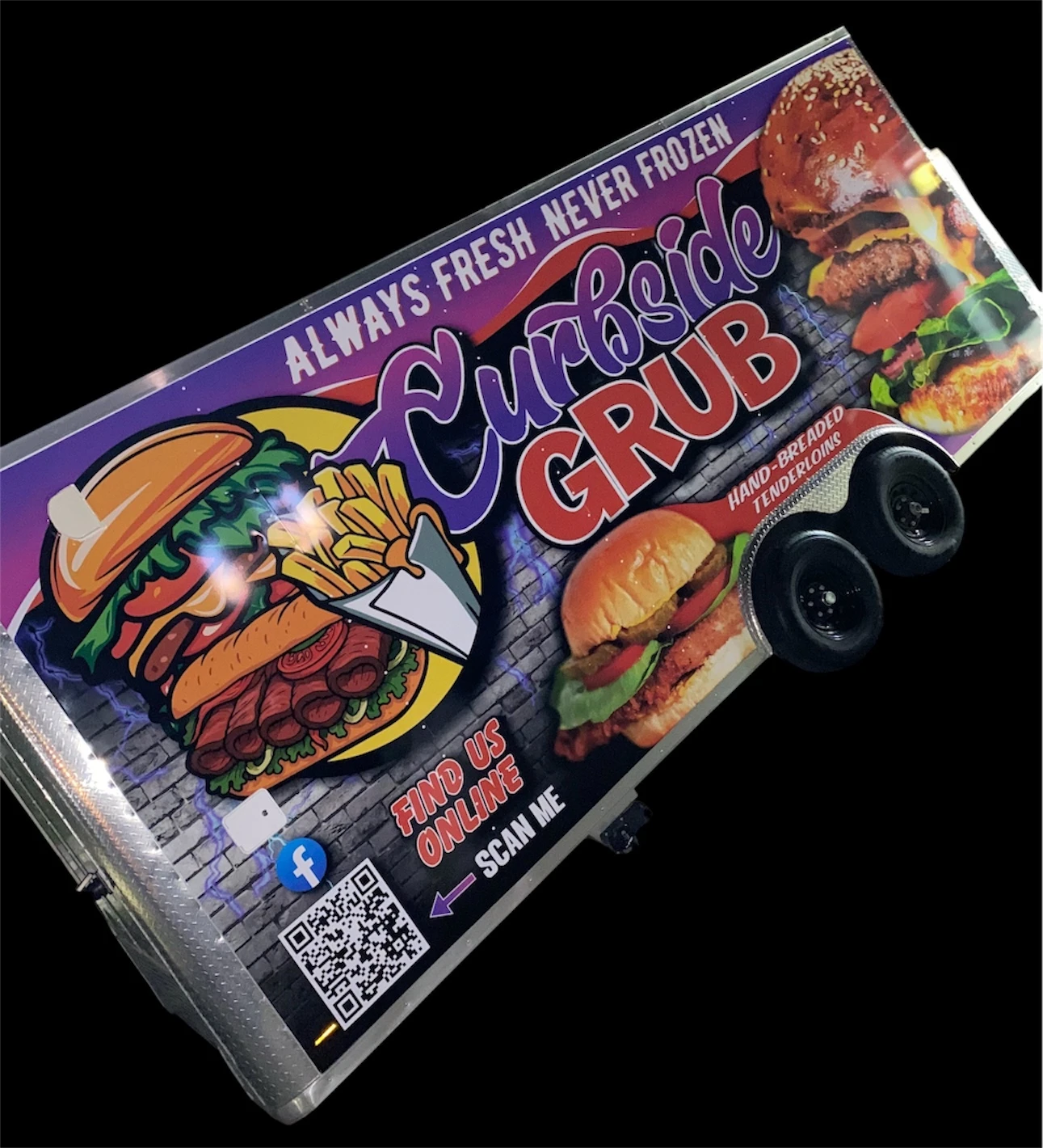 Food truck parked at a busy event with a line of customers