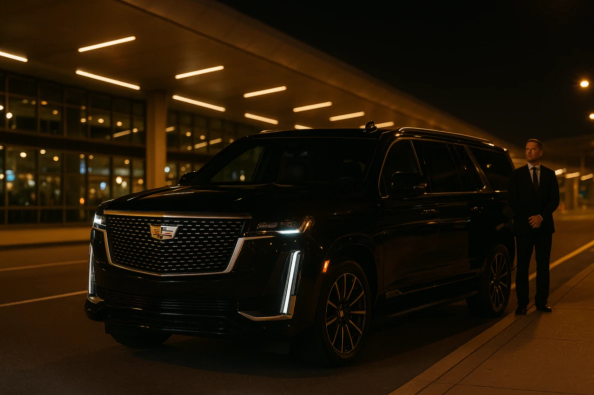 Black Cadillac Escalade parked in front of modern hotel