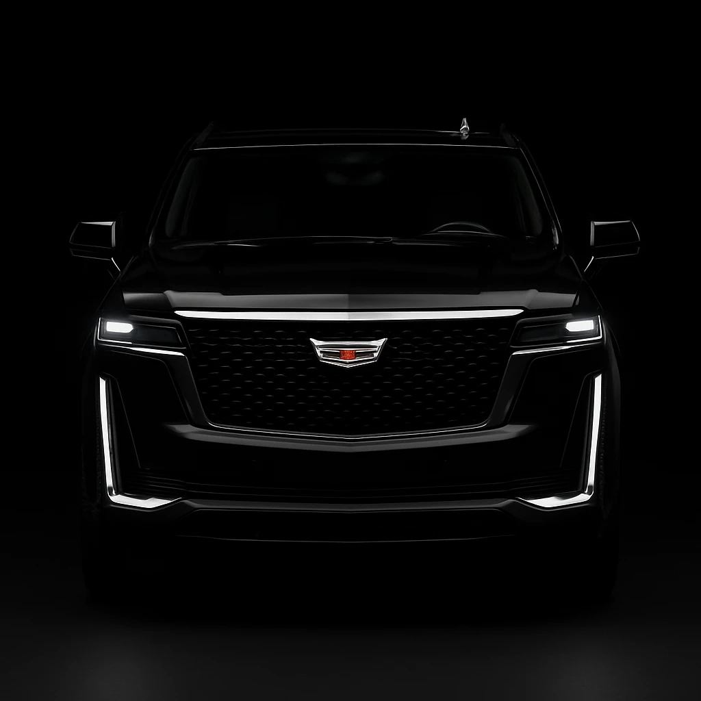 Luxury black SUV in a professional city environment representing premium black car and limo service.