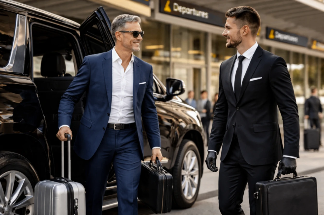 Luxury black SUV in a professional city environment representing premium black car and limo service