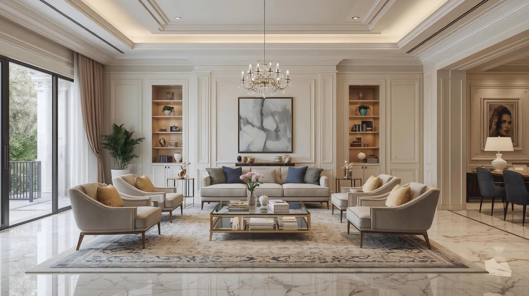 Pristine luxury interior living room with mint accents