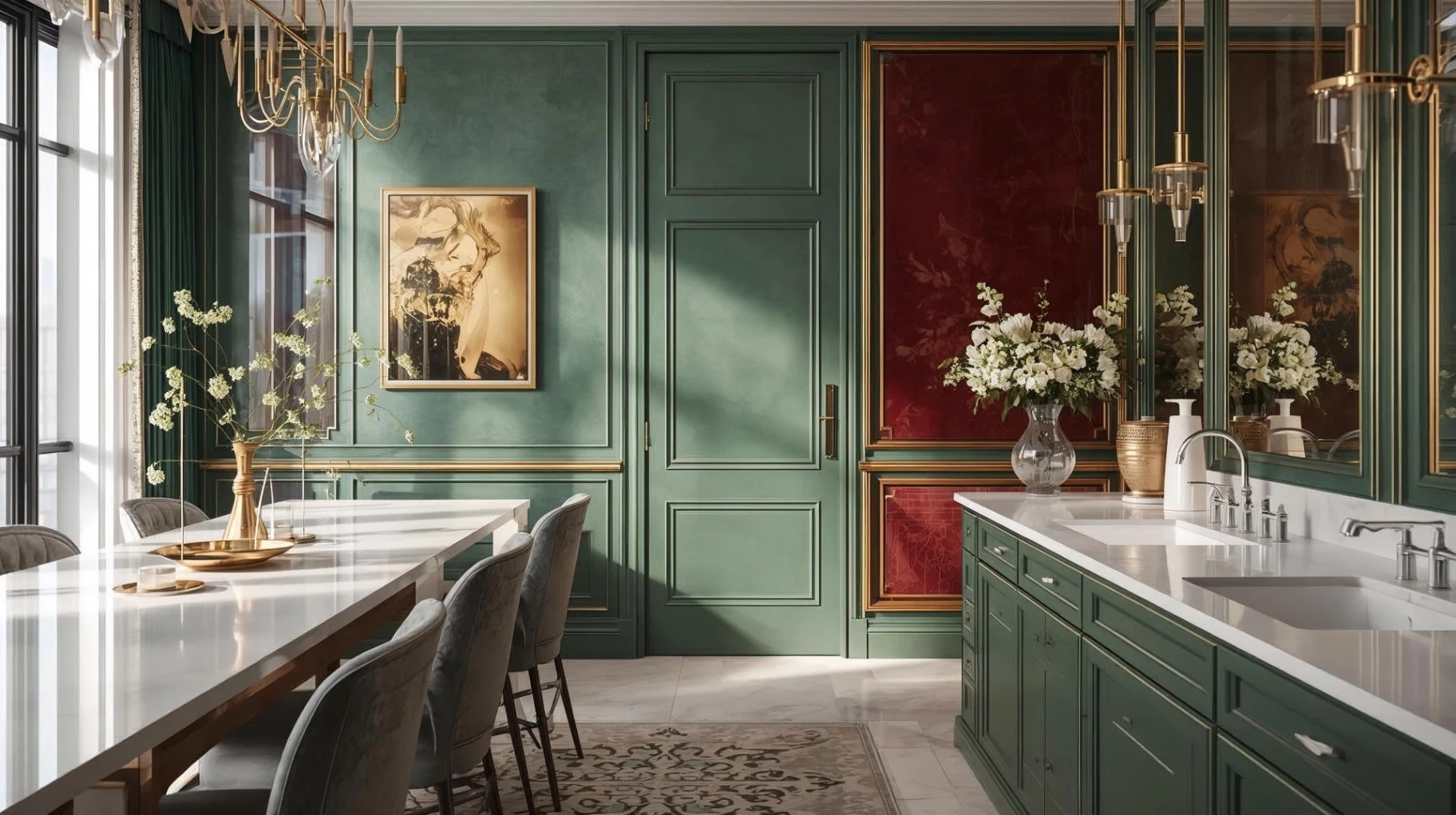 Sunlit luxury living room with minimalist decor and fresh flowers