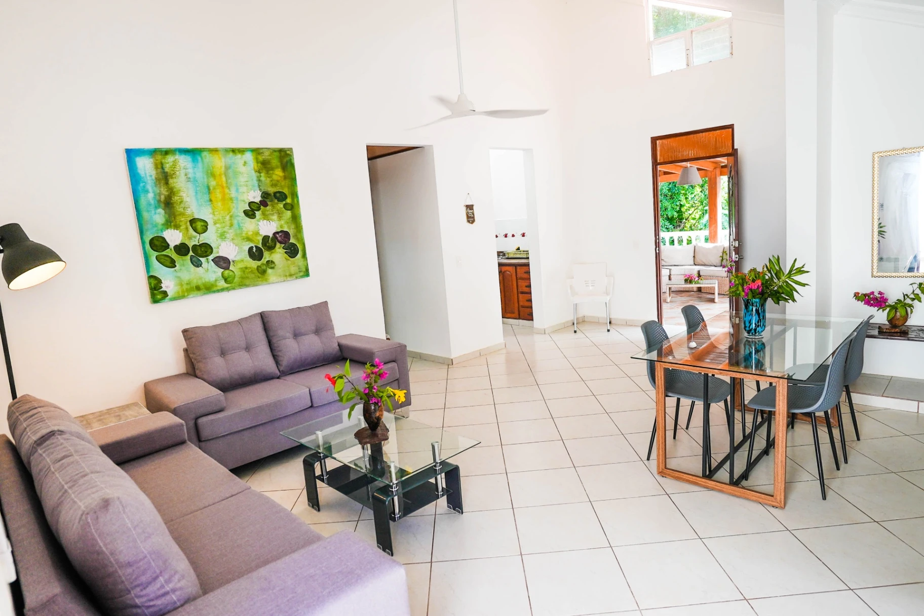 Close up of fresh tropical fruits and coffee on a wooden table