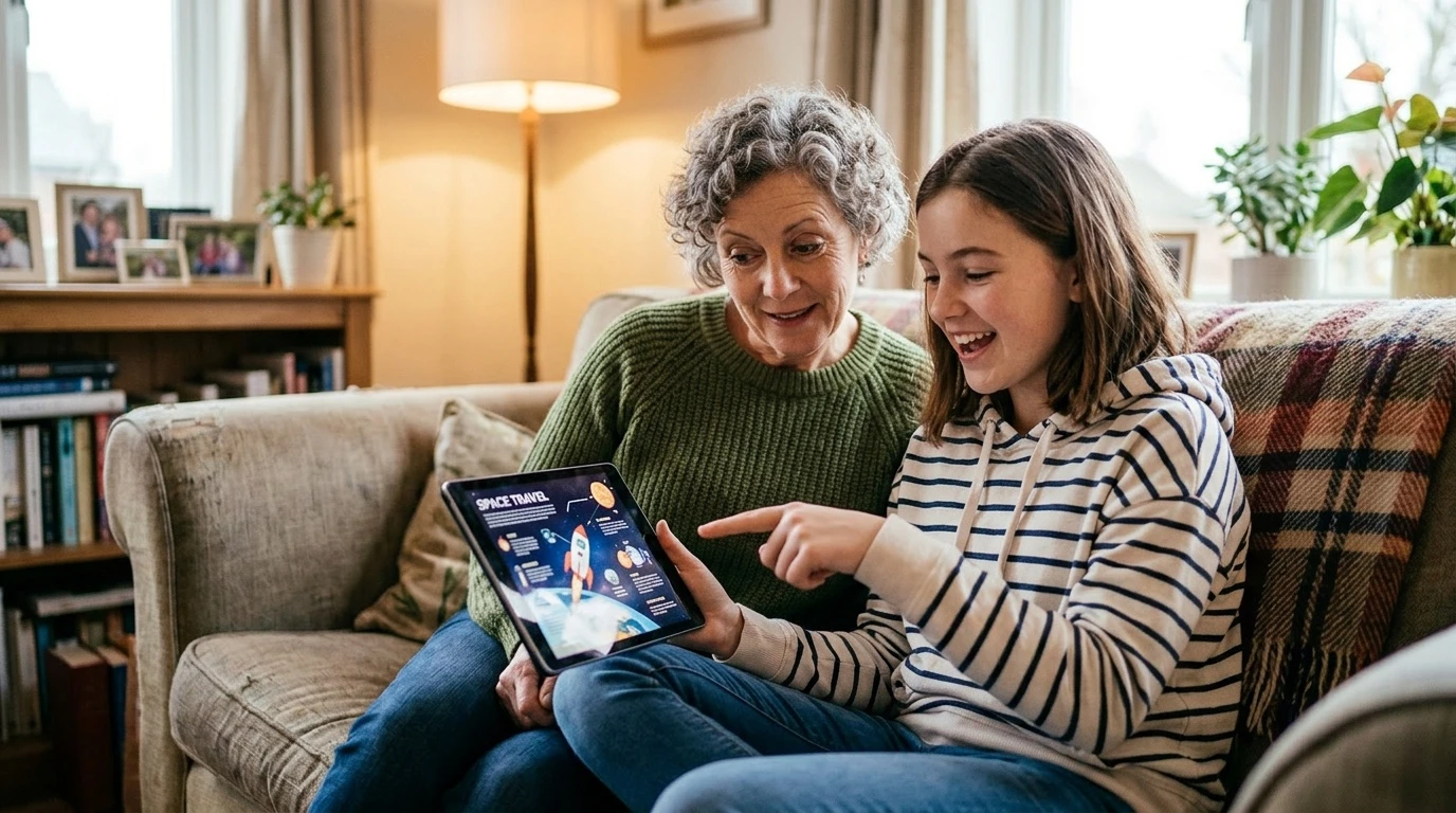 Großmutter und Enkeltochter schauen gemeinsam auf ein Tablet — KI gemeinsam entdecken und verstehen