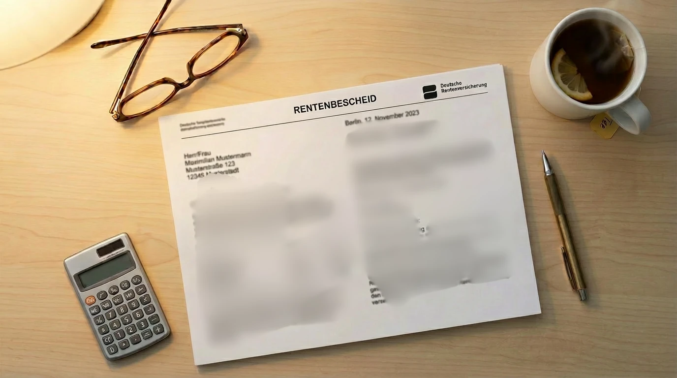 KI und Rente: Flat-lay mit Kalender Taschenrechner Stift und Lesebrille — Rentenbescheid verstehen mit ChatGPT ohne Fachjargon