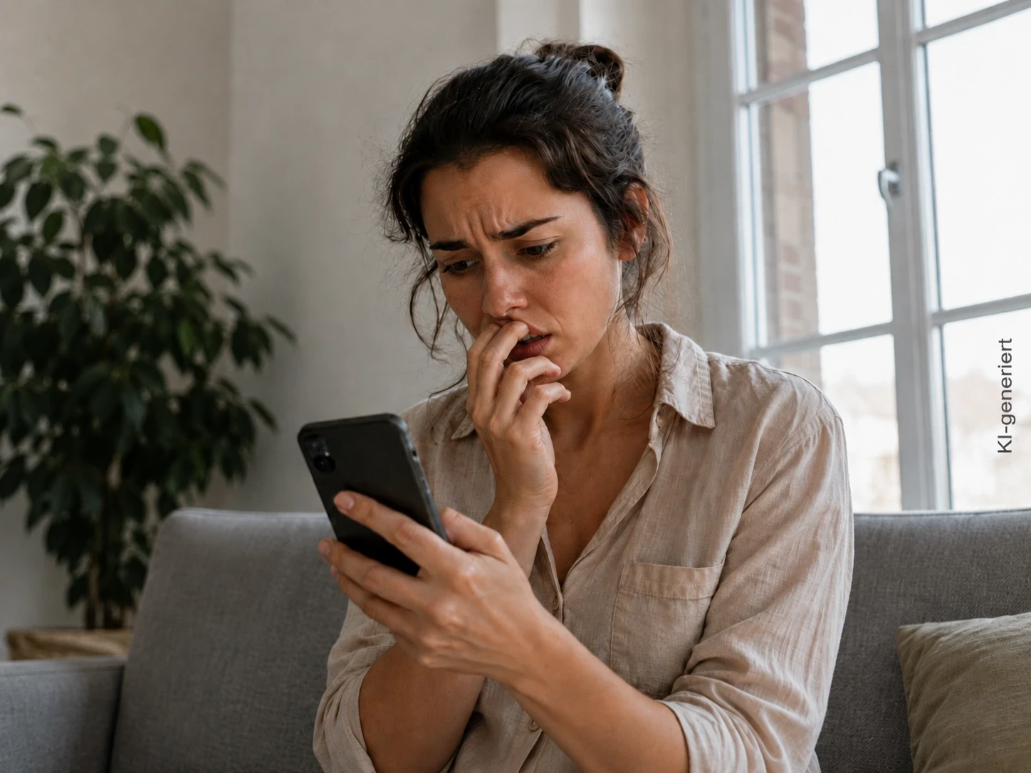 Frau prüft entspannt eine verdächtige Mail am Smartphone, Betrug per KI erkennen ohne Technikwissen