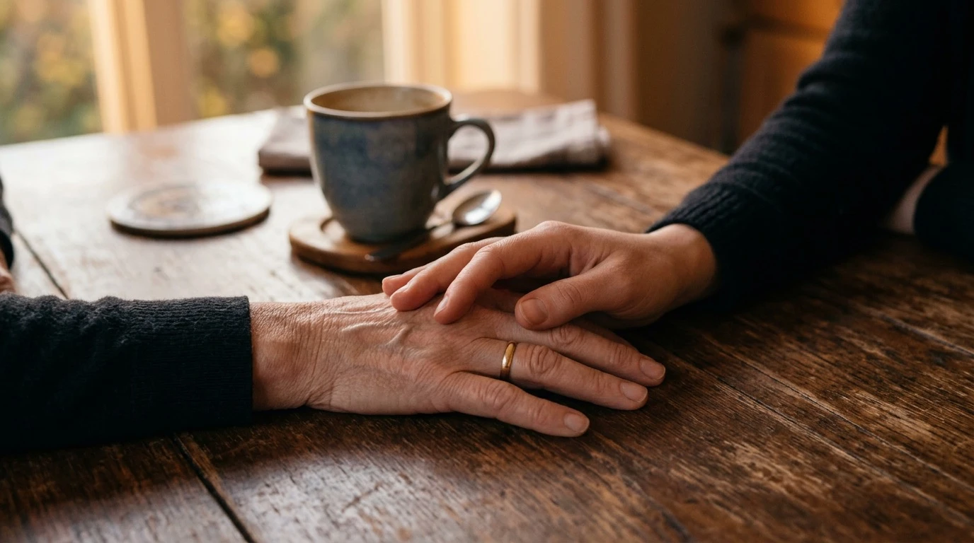 Emotional Load und KI: Zwei Hände auf Küchentisch — eine schützend auf der anderen — symbolisch für emotionale Erschöpfung vom Kümmern für alle