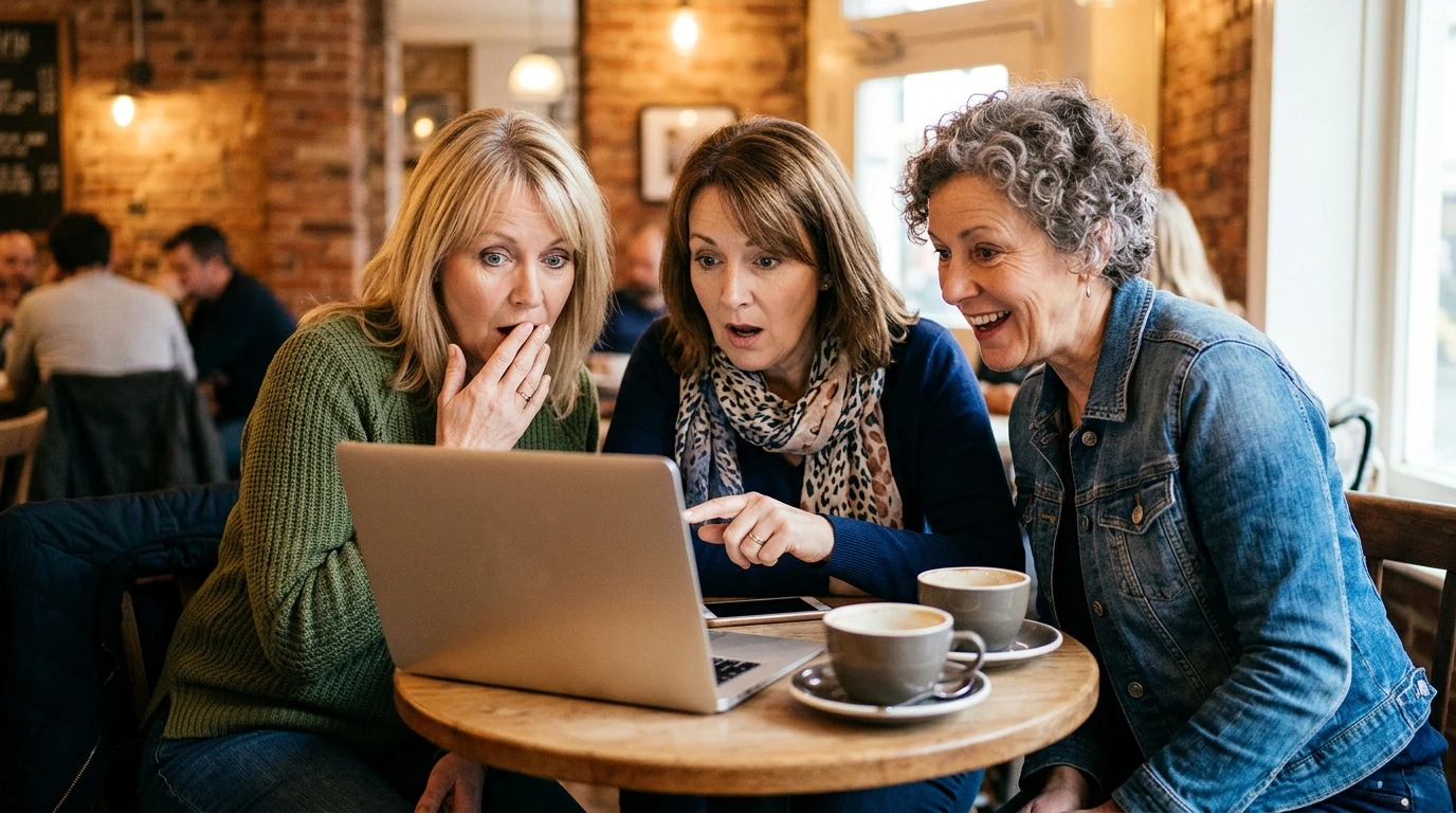 Frauen ab 40 und KI: Drei Frauen zwischen 45 und 60 schauen neugierig gemeinsam auf einen Laptop — KI-Kompetenz und Lebenserfahrung
