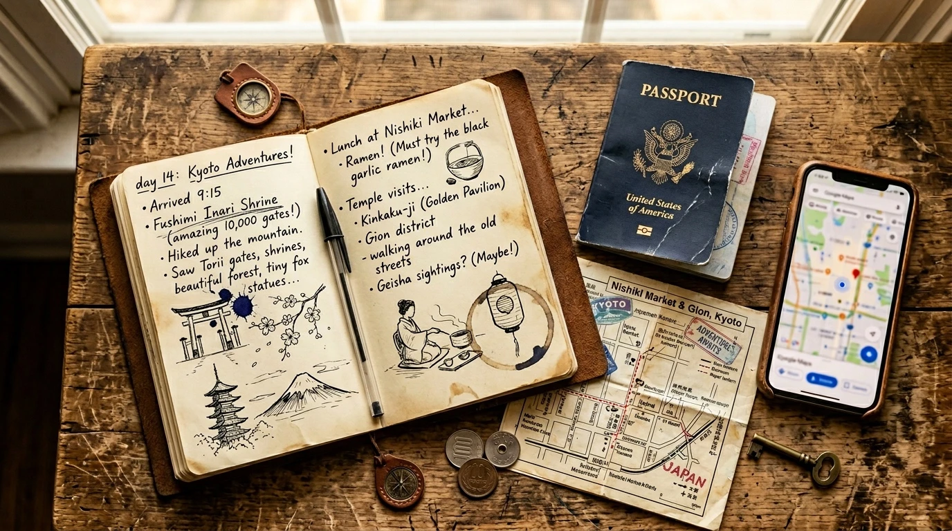 KI Reiseplanung: Flat-lay mit Reisetagebuch Pass Karte Stift und Smartphone mit Karten-App — Urlaub planen mit ChatGPT und einem Prompt