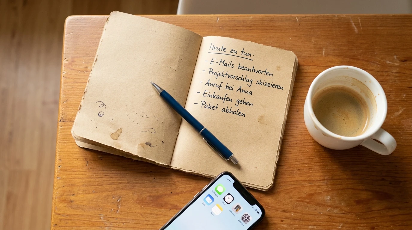 KI für Selbstständige: Flat-lay mit Notizbuch Stift Kaffee und Smartphone — KI als persönliche Assistentin ohne Personalkosten