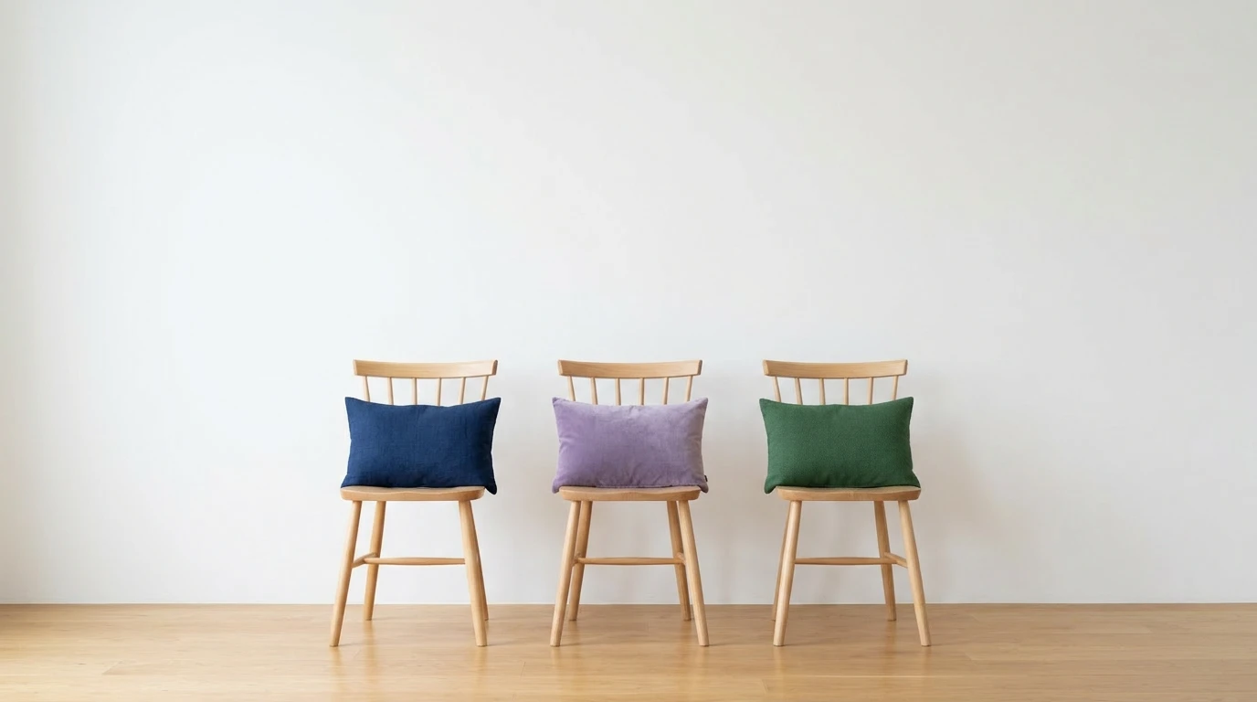 ChatGPT vs Claude vs Perplexity: Drei Stühle mit verschiedenfarbigen Kissen in blau lila und grün — symbolisch für drei KI-Tools im direkten Vergleich