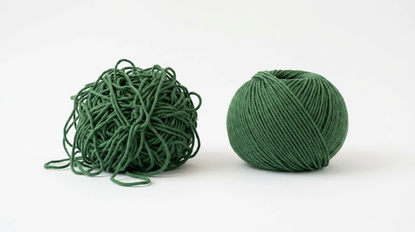 KI als Gedächtnis: Wirres Wollknäuel neben ordentlichem Knäuel — symbolisch für Chaos und Klarheit mit dem KI-Neustart-Prompt