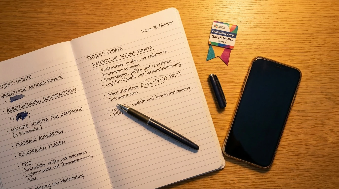 KI im Ehrenamt: Flat-lay mit Vereinsnotizen Stift Smartphone und Ehrenamts-Abzeichen — ChatGPT spart Zeit bei Vereinsarbeit und Organisation