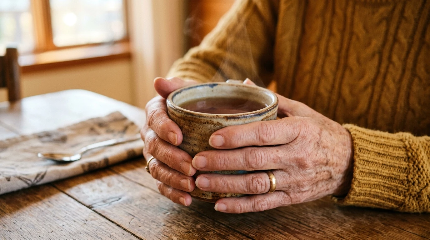 Zwei Hände auf einem Küchentisch — eine älter, eine jünger — symbolisch für Fürsorge und Pflege von Angehörigen