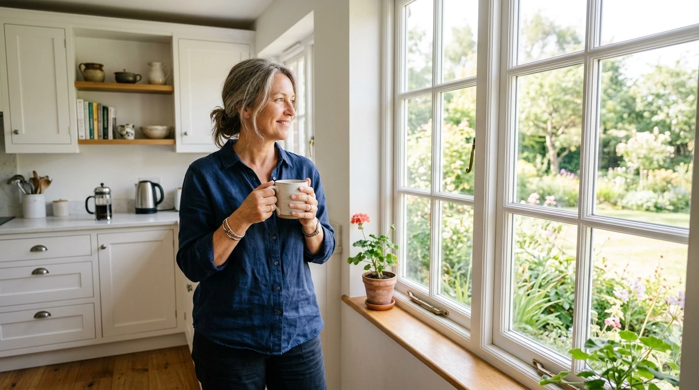 Reese Witherspoon und KI: Frau Mitte 50 in heller Küche mit Kaffeetasse — Inspiration für den KI-Einstieg ohne Vorkenntnisse