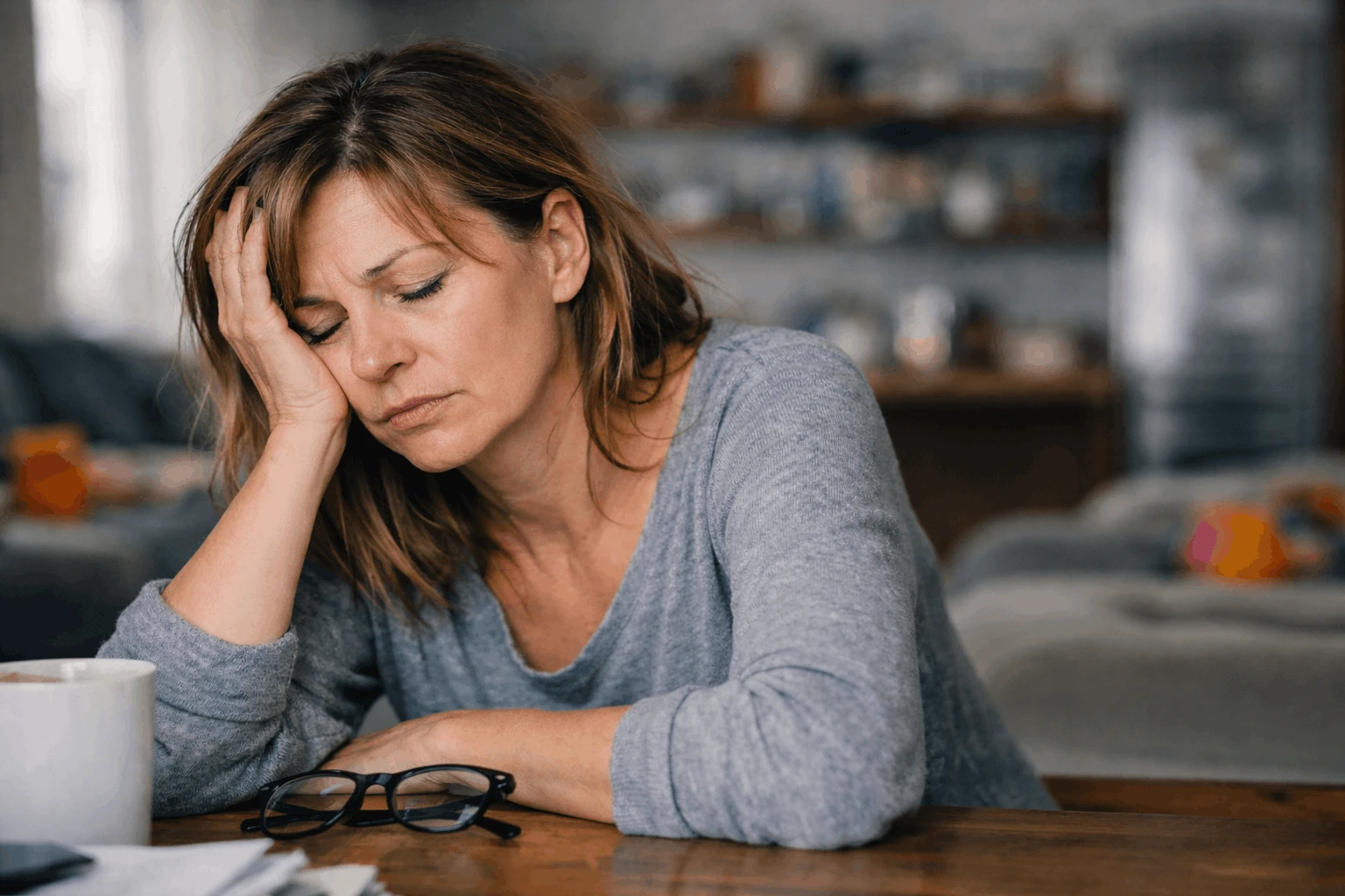 Erschöpfte Frau auf Sofa - Emotional Load bei Frauen ab 45 und KI als Entlastung