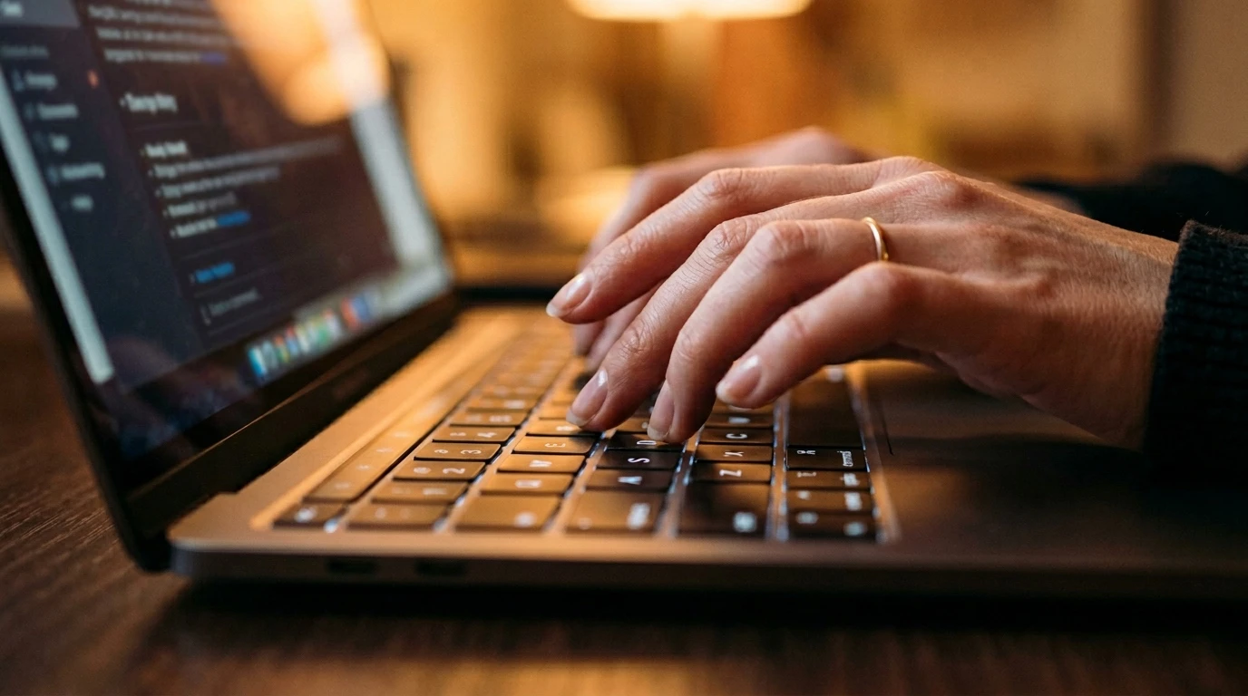 ChatGPT richtig nutzen: Nahaufnahme Finger auf Laptop-Tastatur — symbolisch für aktives Nachfragen und bessere KI-Ergebnisse statt erster Antwort