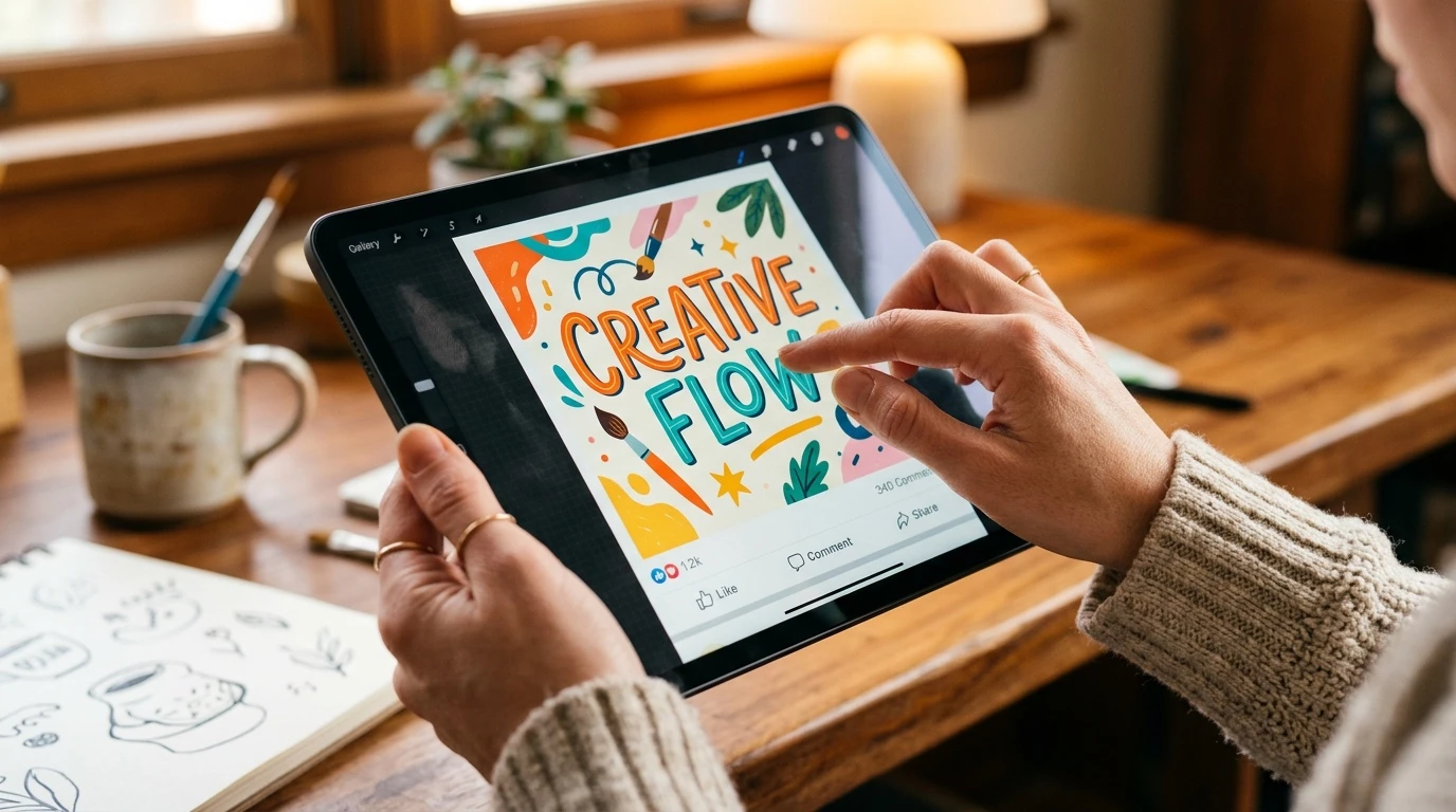 Canva und KI kombinieren: Hände halten Tablet mit buntem professionellen Design — KI-gestütztes Grafikdesign ohne Designtalent oder Vorkenntnisse