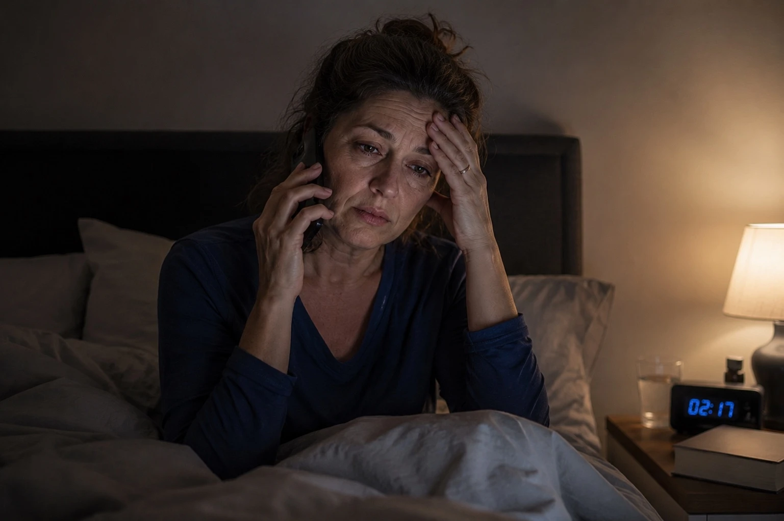 Frau sitzt abends nachdenklich am Tisch, Handy in der Hand — Emotional Load in Freundschaften