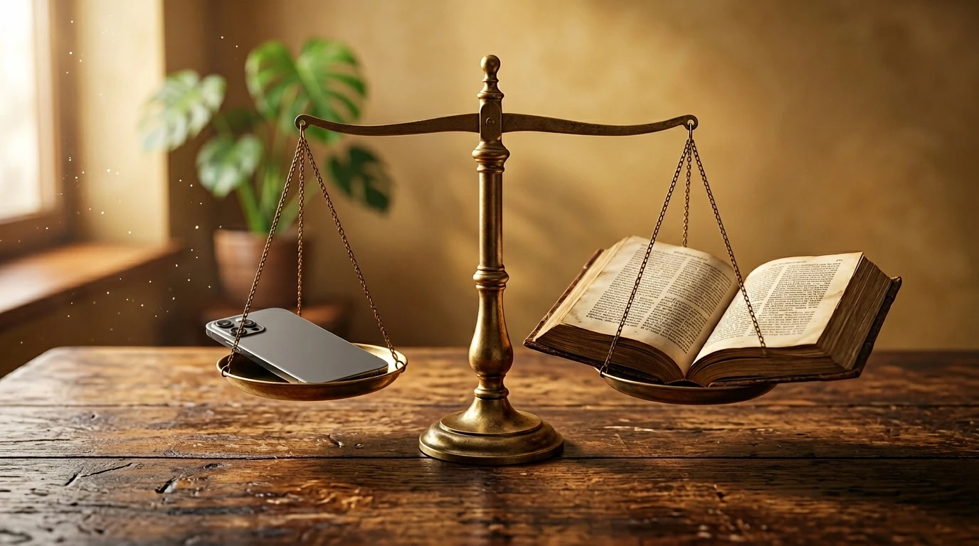 Was KI kann und was nicht: Goldene Waage mit Smartphone und aufgeschlagenem Buch — ehrlicher Vergleich der KI-Stärken und Grenzen für Einsteigerinnen