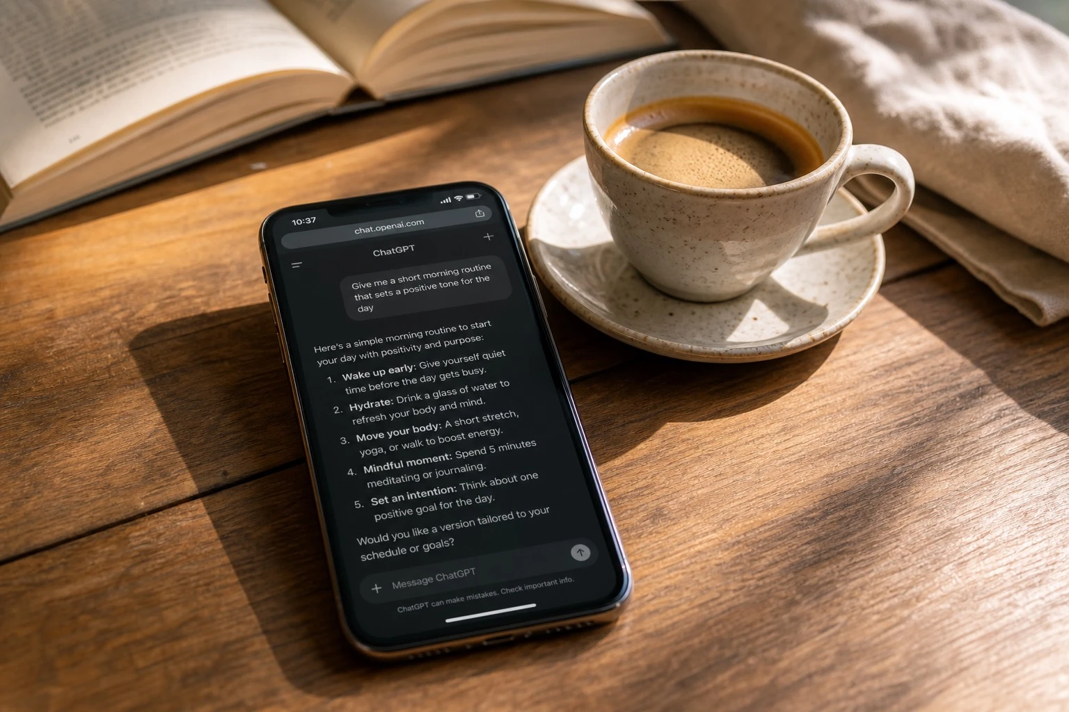 Smartphone mit ChatGPT-Interface neben einer Tasse Kaffee — kostenlose KI-Tools für den Einstieg ohne Abo