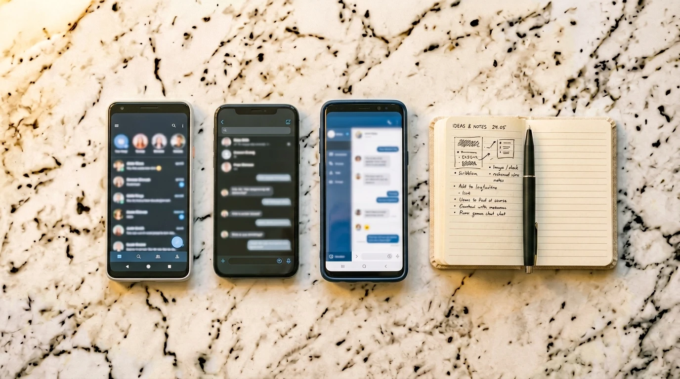 ChatGPT Alternativen: Drei Smartphones nebeneinander mit verschiedenen KI-Chat-Interfaces — Claude und Perplexity im Vergleich zu ChatGPT