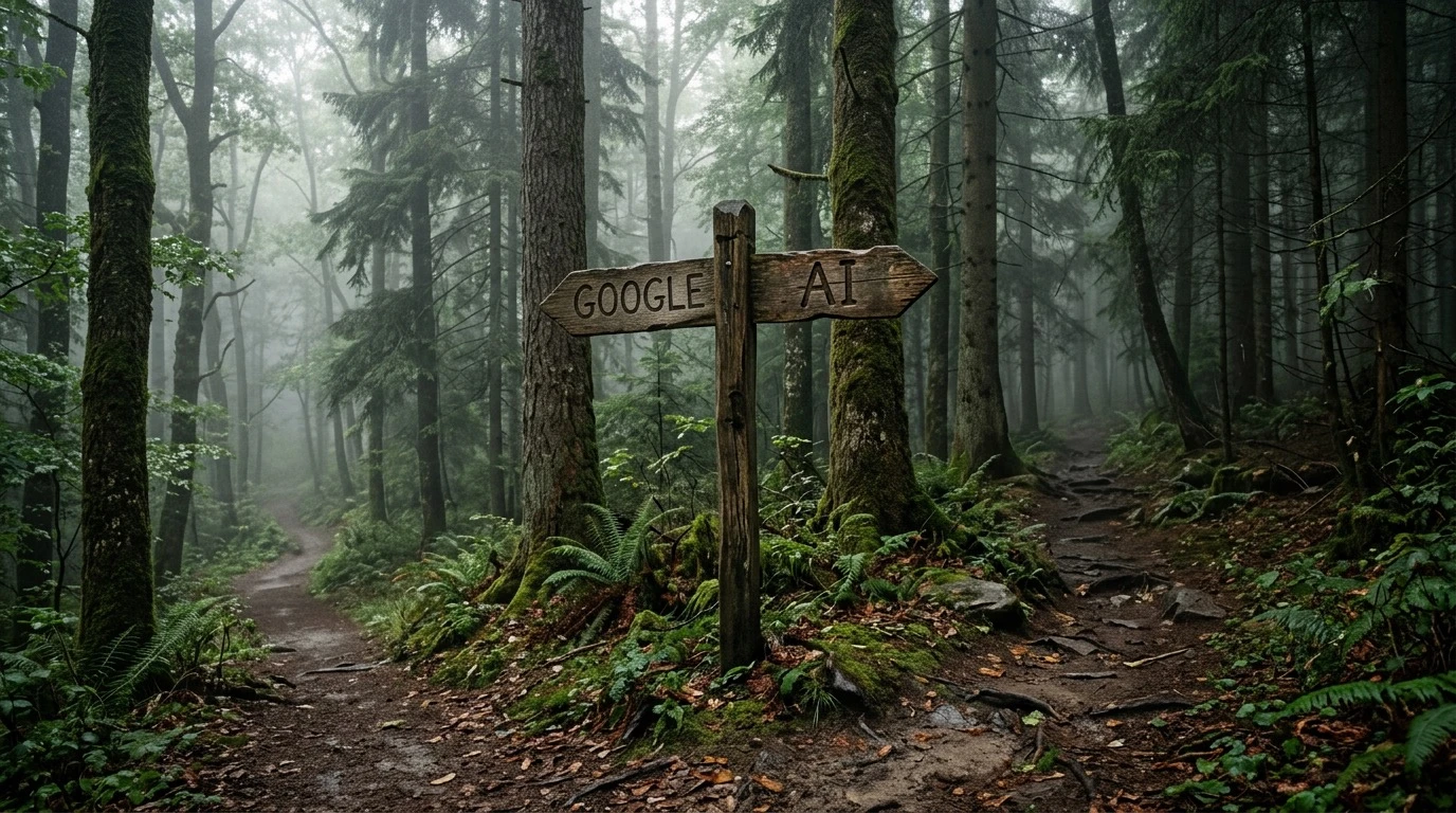 KI vs Google: Wegweiser im nebeligen Wald zeigt zwei Richtungen — symbolisch für den Unterschied zwischen KI-Gespräch und Google-Suche