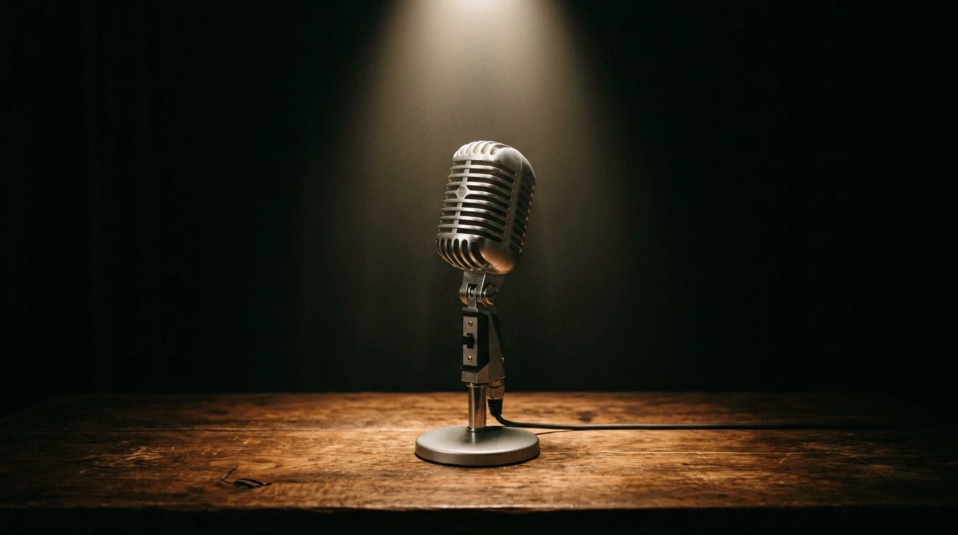 KI als Klartext-Trainerin: Einzelnes Mikrofon im Spotlight auf dunklem Hintergrund — symbolisch für klare direkte Kommunikation ohne Weichspüler