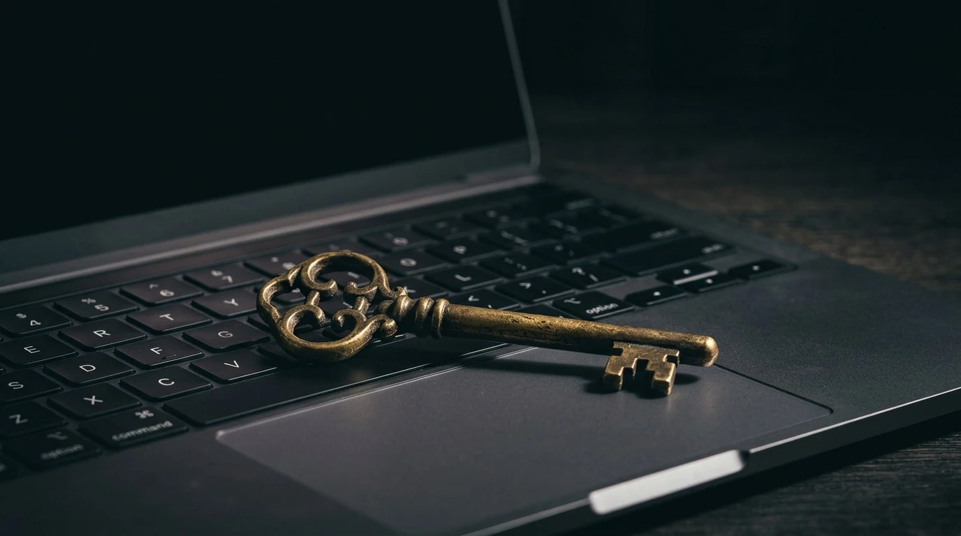 Ist KI sicher? Alter Schlüssel liegt auf moderner Laptop-Tastatur — symbolisch für Vertrauen und Sicherheit bei KI-Tools